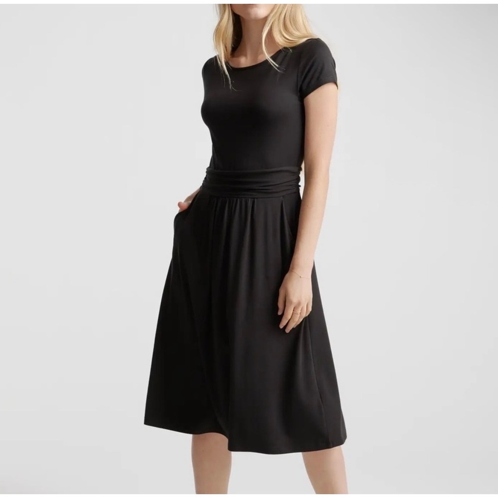 Quince Tencel Jersey Ruched Waist Dress Large Black Pockets Minimalist Work